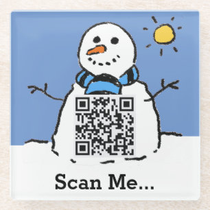 Snowman in Sunshine with QR Code Glass Coaster