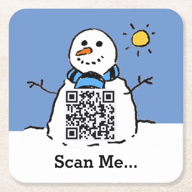 Snowman in Sunshine with QR Code Square Paper Coaster (Front)