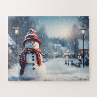 Snowman in the village. Winter scene. Jigsaw Puzzle