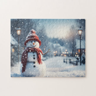 Snowman in the village. Winter scene. Jigsaw Puzzle