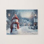 Snowman in the village. Winter scene. Jigsaw Puzzle<br><div class="desc">Christmas winter background with snowman in snow and blurred background.</div>
