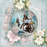 Snowman in Time! Steampunk Snowman Metal Ornament<br><div class="desc">Snowman in Time! Steampunk Snowman Brings Winter Wonderland to Life each year,  with his friends the snowflakes.  If you're looking for a unique and special snowman to add to your holiday decorations,  look no further than the steampunk snowman.</div>