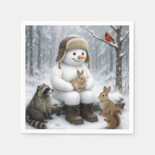 Snowman In Winter Woods With Animal Friends Napkin