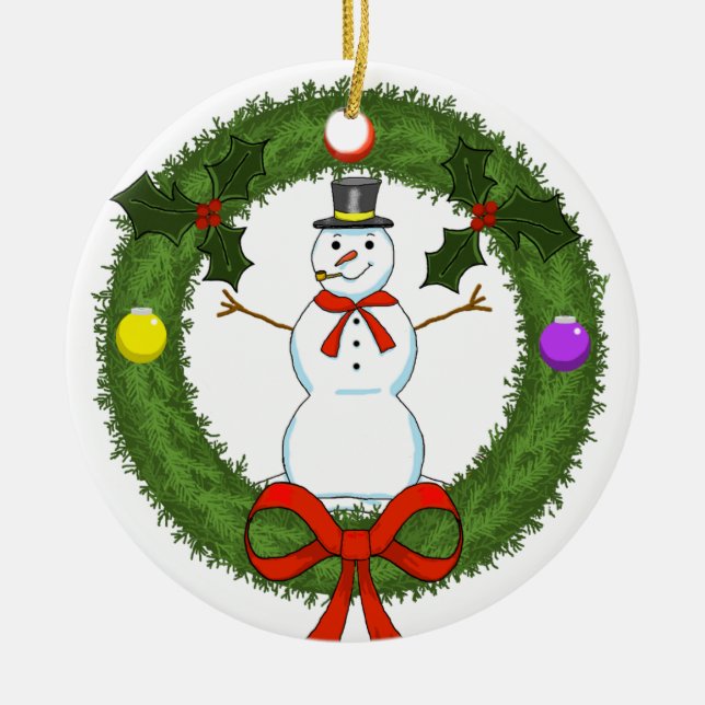 Snowman in Wreath Ceramic Ornament (Front)