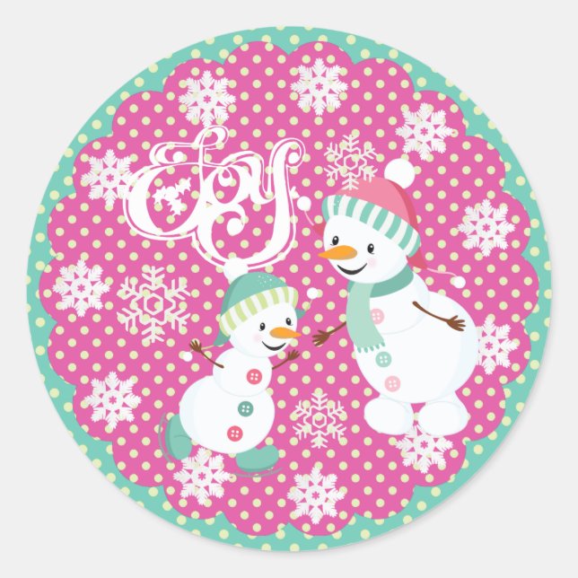 Snowman Joy Christmas Snowflakes Round Sticker (Front)
