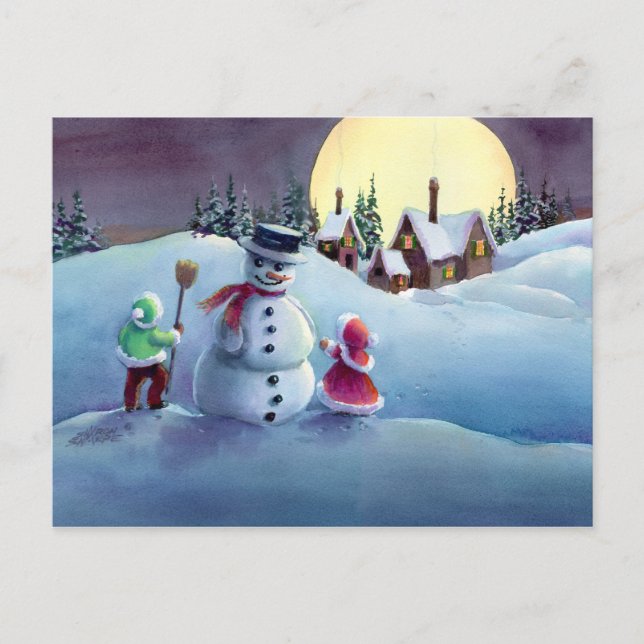 SNOWMAN & KIDS by SHARON SHARPE Holiday Postcard (Front)
