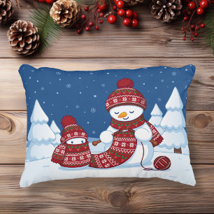 Snowman Knitting Christmas Scarf Accent Pillow