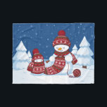 Snowman Knitting Christmas Scarf Fleece Blanket<br><div class="desc">Cartoon illustration of two adorable snowmen dressed in knitted hats and scarves. The big snowman is knitting an oversized scarf for the little one. The scarf is already wrapped several times around the cute little snowman.</div>