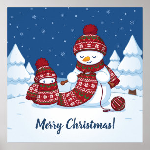Snowman Knitting Christmas Scarf Poster