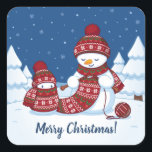 Snowman Knitting Christmas Scarf Square Sticker<br><div class="desc">Cartoon illustration of two adorable snowmen dressed in knitted hats and scarves. The big snowman is knitting an oversized scarf for the little one. The scarf is already wrapped several times around the cute little snowman.</div>