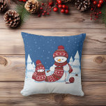 Snowman Knitting Christmas Scarf Throw Pillow<br><div class="desc">Cartoon illustration of two adorable snowmen dressed in knitted hats and scarves. The big snowman is knitting an oversized scarf for the little one. The scarf is already wrapped several times around the cute little snowman.</div>