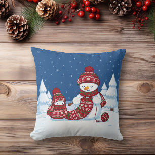 Snowman Knitting Christmas Scarf Throw Pillow