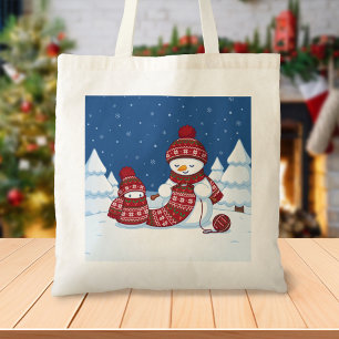 Snowman Knitting Christmas Scarf Tote Bag
