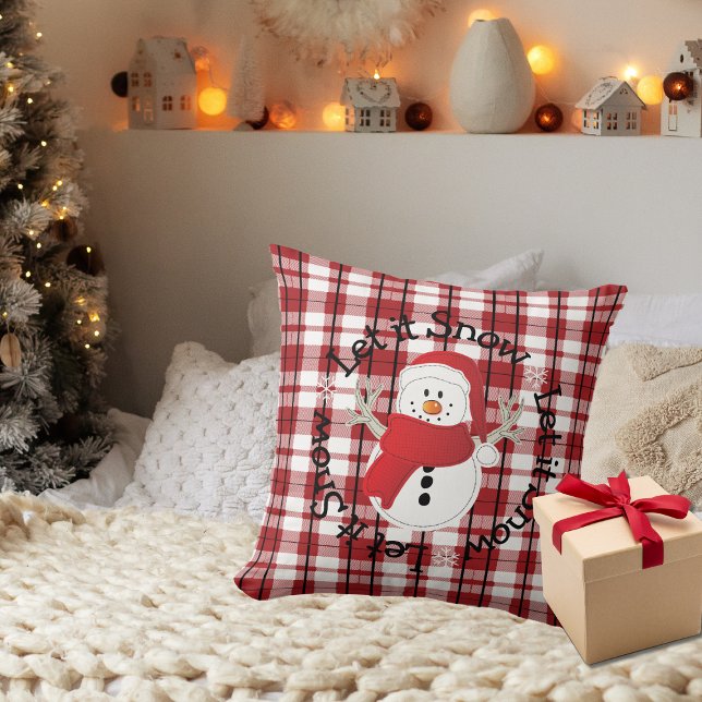 Snowman Let it Snow Red Black Personalized  Throw Pillow (Creator Uploaded)