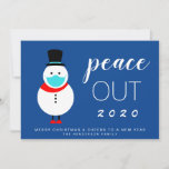 Snowman Mask Peace Out 2020 Funny Christmas Holiday Card<br><div class="desc">Funny Christmas and New Years holiday flat card celebrating the upcoming end to a tough 2020. A cartoon snowman is wearing a face mask standing next to "Peace Out 2020" in fun white typography against a dark blue background. You can personalize the greeting (initially set to "Merry Christmas & Cheers...</div>