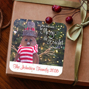 Snowman Merry and Bright Rustic Custom Name Cute Square Sticker