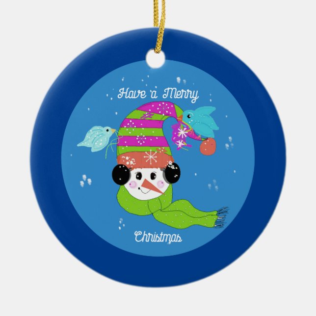 Snowman Merry Christmas Ceramic Ornament (Front)