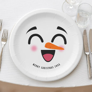 Snowman Merry Christmas Cute Smiling Face Winter Paper Plate