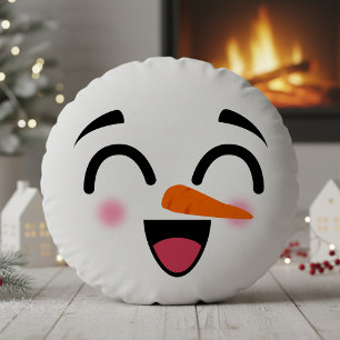 Snowman Merry Christmas Cute Smiling Face Winter Round Pillow
