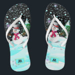 Snowman "Merry Christmas" personalised monogram Flip Flops<br><div class="desc">This design is a complete template project, you can customize it in the following ways: (1) you can replace the designs with your own, as well as resize or rotate and move the design as per your choice. (2) you can customize the text font style, colour, size or transformation. (3)...</div>