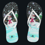 Snowman "Merry Christmas" personalised monogram Flip Flops<br><div class="desc">This design is a complete template project, you can customize it in the following ways: (1) you can replace the designs with your own, as well as resize or rotate and move the design as per your choice. (2) you can customize the text font style, colour, size or transformation. (3)...</div>