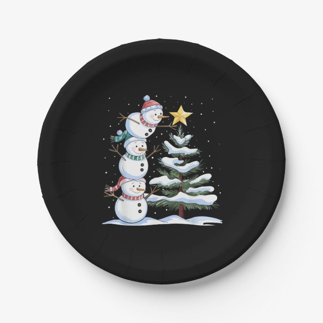 Snowman Merry Christmas Santa Claus Tree Snow Fami Paper Plate (Front)