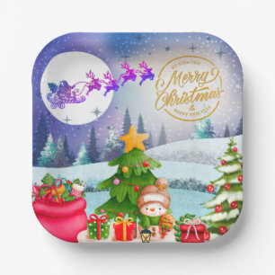 Snowman Merry Christmas Tree Gift & Happy New Year Paper Plate