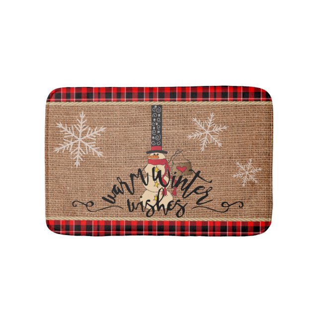 Snowman Merry Christmas with Plaid and Burlap Bath Mat (Front)