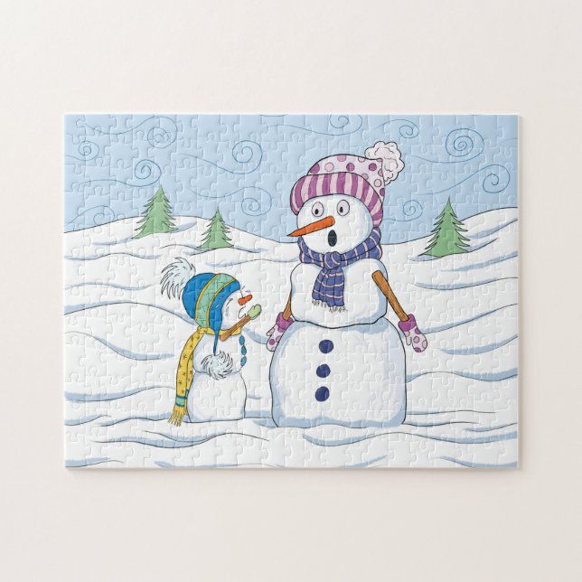 Snowman Mom Kid Crying Whimsical Art Jigsaw Puzzle (Horizontal)