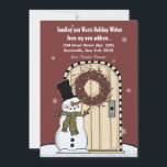 Snowman Moving Announcement Card<br><div class="desc">A delightful, wintery design featuring a whimsical snowman dressed in his scarf and hat at his front door. The door has a beautiful berry wreath and a light snow is falling. The card is easy to customize with your wording, font, font colour and choice of six paper types. Not exactly...</div>
