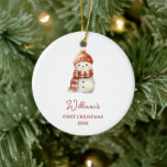 Snowman Name Baby's First Christmas Ceramic Ornament<br><div class="desc">Cute Pink Nutrcraker Baby's First Christmas Ceramic Ornament (Edit)</div>