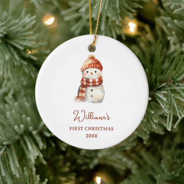 Snowman Name Baby's First Christmas Ceramic Ornament (Tree)