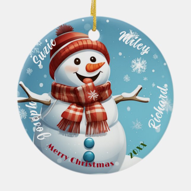 Snowman Name Ornament, Personalized Christmas Ceramic Ornament (Back)