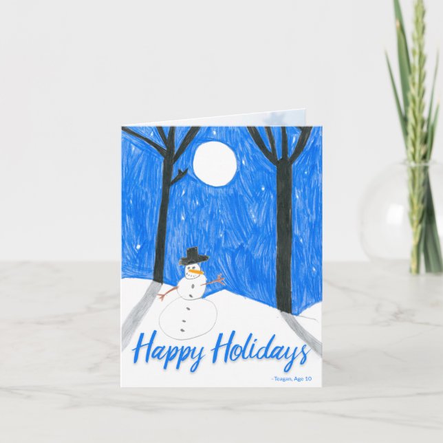 Snowman Nighttime Scene by Teagan Holiday Card (Front)