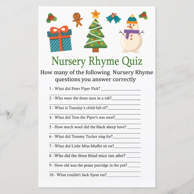 Snowman Nursery Rhyme Quiz baby shower game (Front)
