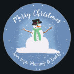 snowman of Christmas present merry gift Classic Round Sticker<br><div class="desc">Stickers ideal to add to your business parcel or postage envelopes designed by The Arty Apples Limited</div>