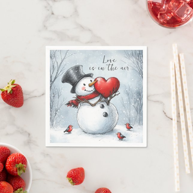 Snowman Offers Love with a Big Heart Napkin (Insitu)