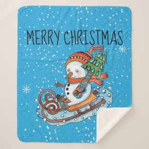 Snowman on a Sled Fleece Sherpa Blanket