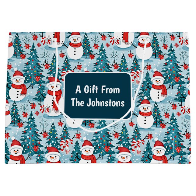 Snowman on a Winter Day Christmas Personalized Large Gift Bag (Front)