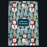 Snowman on a Winter Day Christmas Personalized Medium Gift Bag<br><div class="desc">Personalized Christmas gift bag with snowmen in warm red scarves and a pretty blue pine tree background.</div>