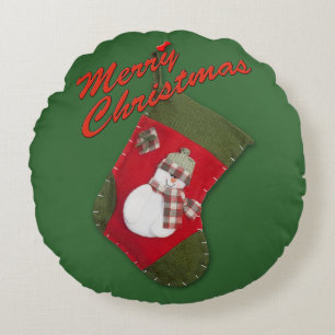 Snowman on Christmas Stocking Over Green Round Pillow