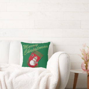Snowman on Christmas Stocking Over Green Throw Pillow