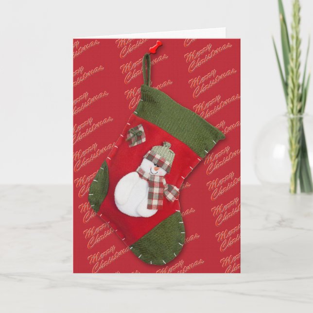 Snowman on Christmas Stocking Over Red Holiday Card (Front)