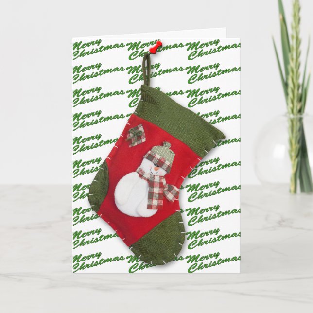 Snowman on Christmas Stocking Over White Holiday Card (Front)