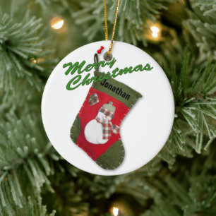 Snowman on Christmas Stocking Photograph Ceramic Ornament