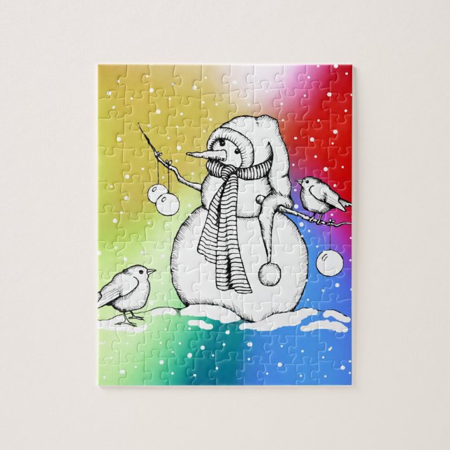 Snowman on Multi-Coloured Background, Snowflakes Jigsaw Puzzle (Vertical)