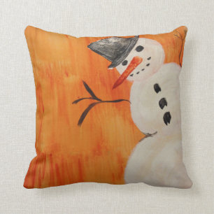 Snowman on Orange Throw Pillow