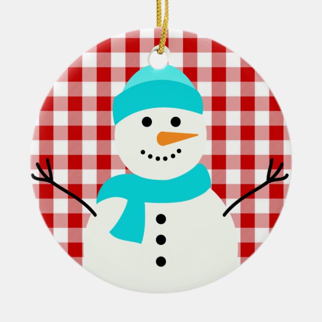 Snowman On Plaid Ceramic Ornament (Front)