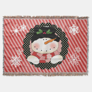 Snowman on Red and Pink Stripe Holiday Throw