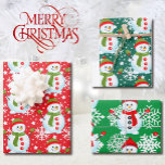Snowman on Red & Green White Snowflakes Christmas Wrapping Paper Sheet<br><div class="desc">Snowman on Red & Green White Snowflakes Christmas Wrapping Paper Sheets</div>